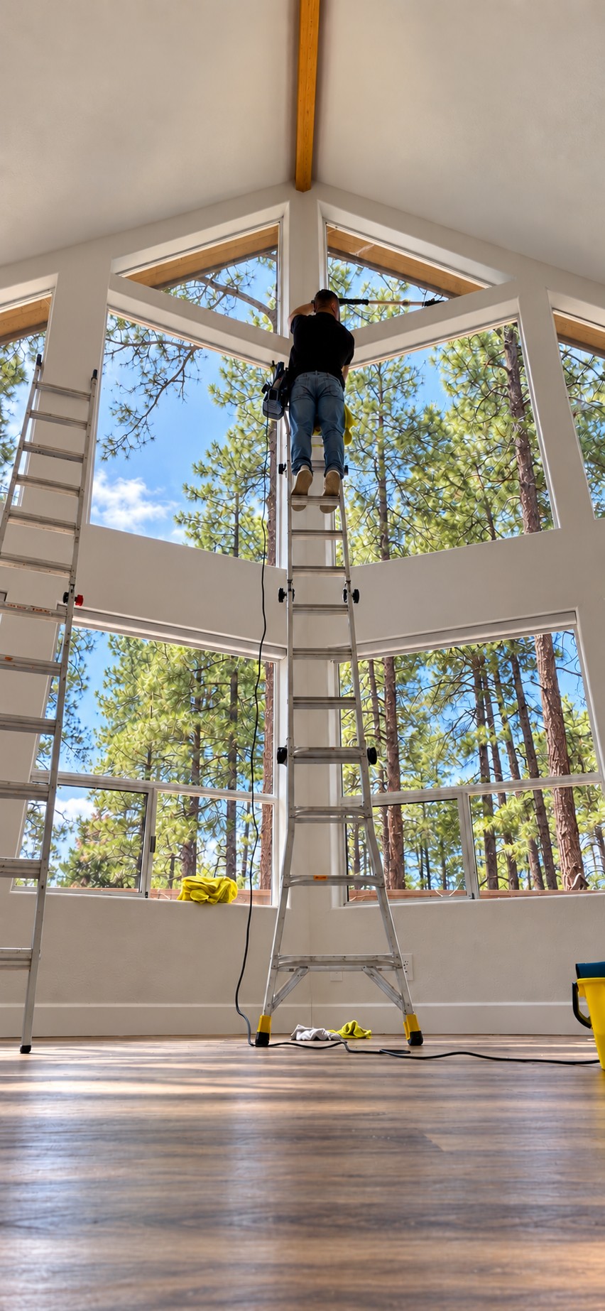 Certified Cleaners team member cleaning high window areas in a tall, sunlit room